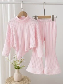 SHEIN Young Girls 2pcs Set Pink Solid Knit Stand Collar Long Sleeve Fitted Ribbed T-Shirt Set, Cute Fall Winter - Pink - View 4