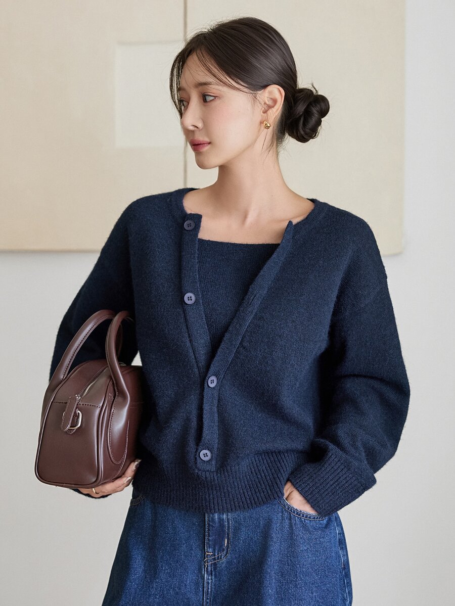 Dazy-Less 女款羊毛前扣長袖針織衫，復古法式極簡百搭商務休閒秋季辦公室風海軍藍 - 藏蓝色 - 查看 1