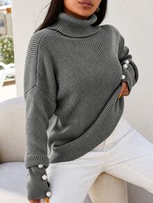 SHEIN Cottnline Plus Size Casual Solid Color High Neck Dropped Shoulder Sweater, Autumn Formal Office Grey - Grey - View 3