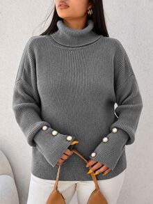 SHEIN Cottnline Plus Size Casual Solid Color High Neck Dropped Shoulder Sweater, Autumn Formal Office Grey - Grey - View 6
