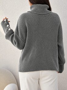 SHEIN Cottnline Plus Size Casual Solid Color High Neck Dropped Shoulder Sweater, Autumn Formal Office Grey - Grey - View 2