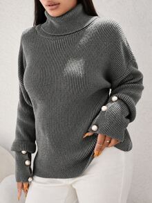 SHEIN Cottnline Plus Size Casual Solid Color High Neck Dropped Shoulder Sweater, Autumn Formal Office Grey - Grey - View 4