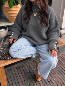 SHEIN Cottnline Plus Size Casual Solid Color High Neck Dropped Shoulder Sweater, Autumn Formal Office Grey - Grey - View 1