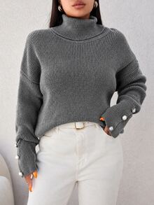 SHEIN Cottnline Plus Size Casual Solid Color High Neck Dropped Shoulder Sweater, Autumn Formal Office Grey - Grey - View 5
