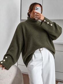 SHEIN Cottnline Plus Size Solid Color Casual Turtleneck Sweater, Autumn/Winter - Army Green - View 2