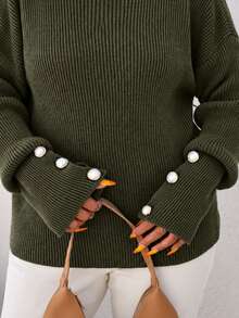 SHEIN Cottnline Plus Size Solid Color Casual Turtleneck Sweater, Autumn/Winter - Army Green - View 7