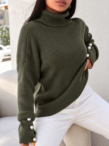 SHEIN Cottnline Plus Size Solid Color Casual Turtleneck Sweater, Autumn/Winter - Army Green - View 4