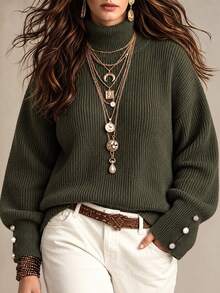 SHEIN Cottnline Plus Size Solid Color Casual Turtleneck Sweater, Autumn/Winter - Army Green - View 1