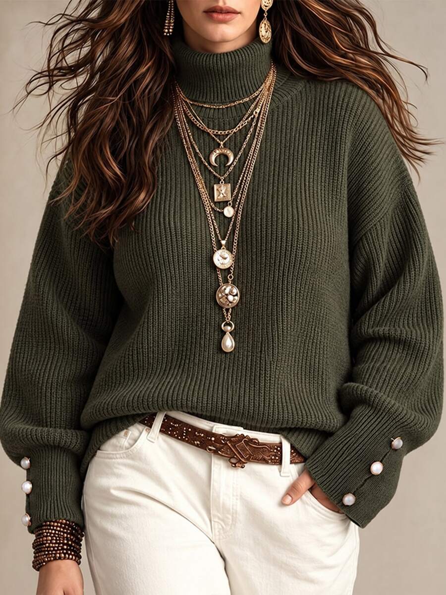 SHEIN Cottnline Plus Size Solid Color Casual Turtleneck Sweater, Autumn/Winter - Army Green - View 1
