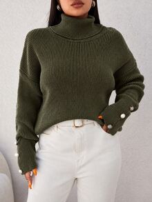 SHEIN Cottnline Plus Size Solid Color Casual Turtleneck Sweater, Autumn/Winter - Army Green - View 5