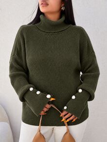 SHEIN Cottnline Plus Size Solid Color Casual Turtleneck Sweater, Autumn/Winter - Army Green - View 3