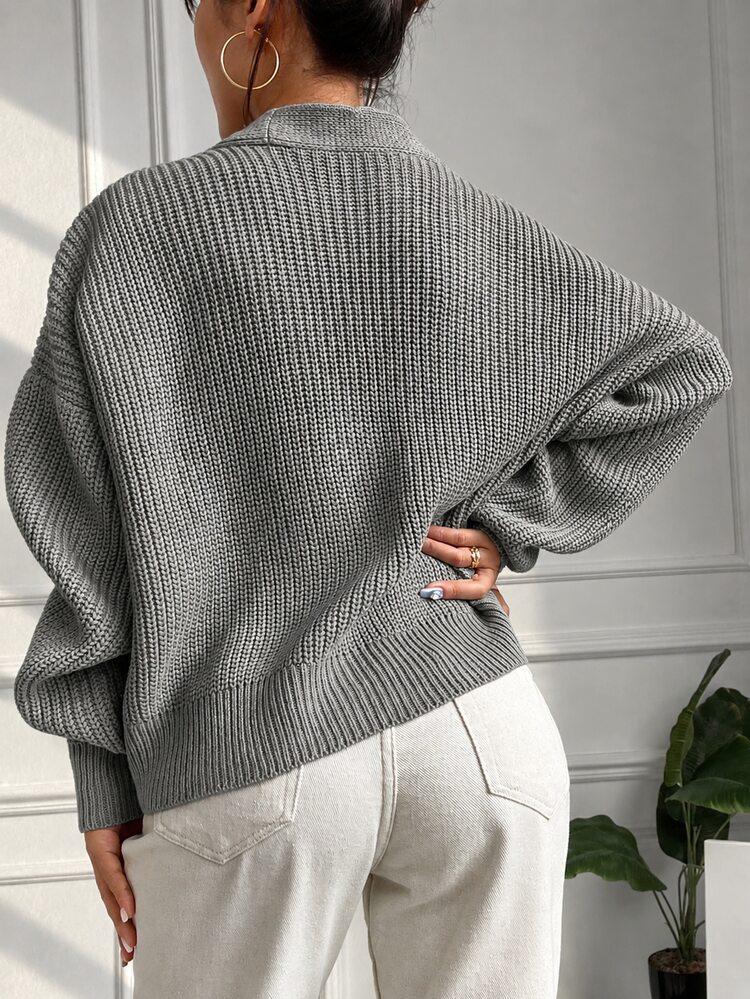 EURMUSE Women's Casual Everyday Day Time Work Office Solid Color Front Button Dropped Shoulder Cardigan, Autumn/Winter Light Grey - Light Grey - View 6