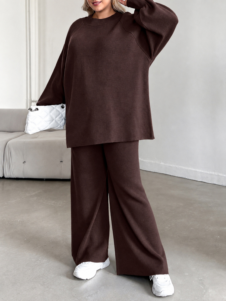 SHEIN Cottnline Plus Size Women Solid Color Raglan Sleeve Lantern Sleeve Sweater & Knitted Pants Casual Suit - Brown - View 3