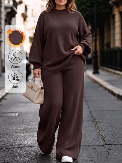 SHEIN Cottnline Ensemble casual grande taille femme, pull à manches raglan et manches lanternes, pantalon tricoté