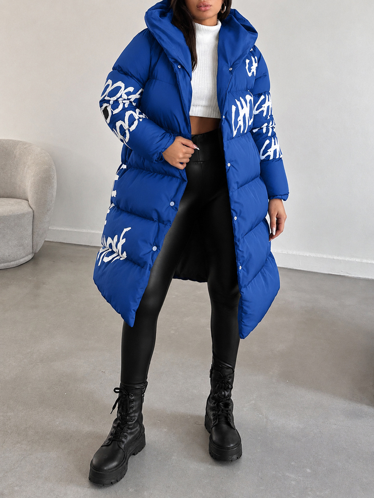 EURMUSE Women's Letter Pattern Long Sleeve Single-Breasted Casual Streetwear Long Hooded Winter Jacket Weekend Going Out Club Travel Blue And White - Royal Blue - View 5