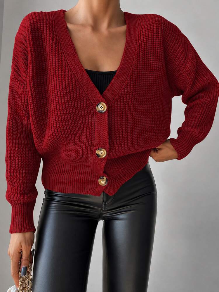 Cloudara Solid Color Drop Shoulder Button Up Cardigan Sweater - Red - View 5