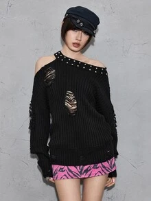ROMWE Grunge Punk Women's Studded Decor Distressed Design Casual Everyday Long Sleeve Sweater - Black - View 1