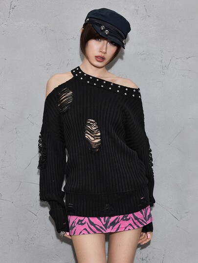 Grunge Punk Maglione casual da donna con decorazioni borchiate, design consumato, maniche lunghe per uso quotidiano