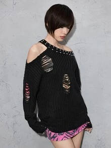 ROMWE Grunge Punk Women's Studded Decor Distressed Design Casual Everyday Long Sleeve Sweater - Black - View 4