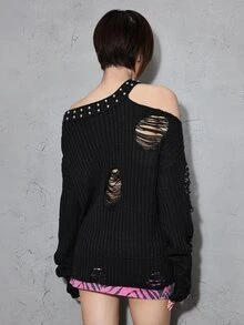 ROMWE Grunge Punk Women's Studded Decor Distressed Design Casual Everyday Long Sleeve Sweater - Black - View 5