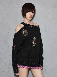 ROMWE Grunge Punk Women's Studded Decor Distressed Design Casual Everyday Long Sleeve Sweater - Black - View 6