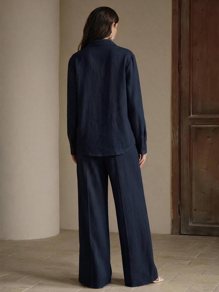 Anewsta Essential Minimalist Casual Versatile Lace Hollow Patchwork Pocket All-Match Commute Wide Leg Elegant Women's Long Pants - Navy Blue - View 2