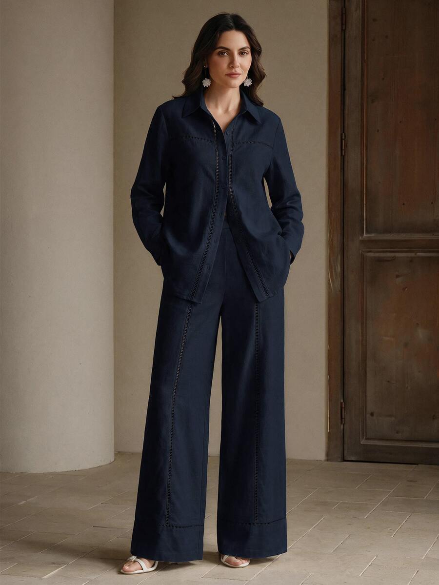 Anewsta Essential Minimalist Casual Versatile Lace Hollow Patchwork Pocket All-Match Commute Wide Leg Elegant Women's Long Pants - Navy Blue - View 1