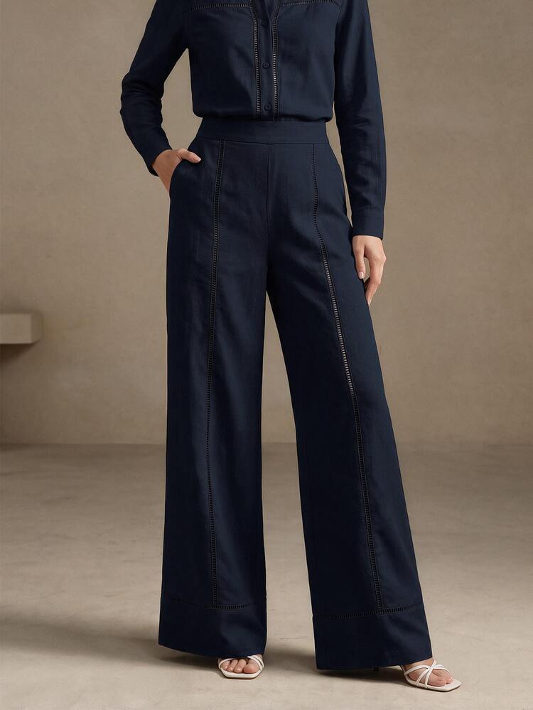 Anewsta Essential Minimalist Casual Versatile Lace Hollow Patchwork Pocket All-Match Commute Wide Leg Elegant Women's Long Pants - Navy Blue - View 7