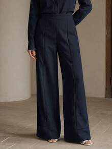 Anewsta Essential Minimalist Casual Versatile Lace Hollow Patchwork Pocket All-Match Commute Wide Leg Elegant Women's Long Pants - Navy Blue - View 5