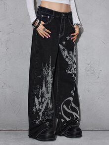ROMWE Grunge Punk Punk Castle Angel Print Slogan Design Low Waist Loose Straight Leg Black Denim Jeans - Black - View 4