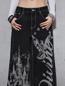 ROMWE Grunge Punk Punk Castle Angel Print Slogan Design Low Waist Loose Straight Leg Black Denim Jeans - Black - View 2