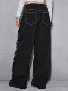 ROMWE Grunge Punk Punk Castle Angel Print Slogan Design Low Waist Loose Straight Leg Black Denim Jeans - Black - View 3