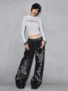 ROMWE Grunge Punk Punk Castle Angel Print Slogan Design Low Waist Loose Straight Leg Black Denim Jeans - Black - View 6