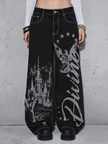 ROMWE Grunge Punk Punk Castle Angel Print Slogan Design Low Waist Loose Straight Leg Black Denim Jeans - Black - View 1