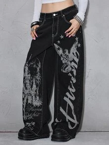 ROMWE Grunge Punk Punk Castle Angel Print Slogan Design Low Waist Loose Straight Leg Black Denim Jeans - Black - View 5