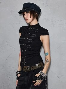 ROMWE Grunge Punk Punk Metal Power Napoleon Button Design Small Stand Collar Fitted Denim Top - Black - View 5