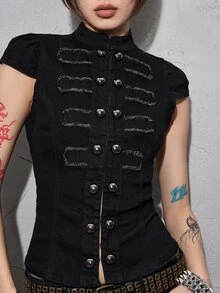 ROMWE Grunge Punk Punk Metal Power Napoleon Button Design Small Stand Collar Fitted Denim Top - Black - View 2