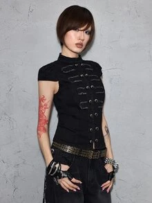 ROMWE Grunge Punk Punk Metal Power Napoleon Button Design Small Stand Collar Fitted Denim Top - Black - View 4