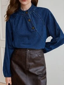 Dazy-Less Atasan Denim Longgar Wanita Katun Kerah Tegak Lengan Panjang Warna Biru Tua Polos Kancing Pinggang Berkerut untuk Santai di Musim Gugur - Biru - View 4