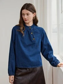 Dazy-Less Atasan Denim Longgar Wanita Katun Kerah Tegak Lengan Panjang Warna Biru Tua Polos Kancing Pinggang Berkerut untuk Santai di Musim Gugur - Biru - View 3