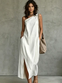 Glimmora Women's Summer Casual Solid Color One Shoulder Slit Long Dress - White - View 1