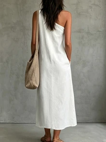 Glimmora Women's Summer Casual Solid Color One Shoulder Slit Long Dress - White - View 2