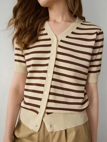 Dazy-Less Women's Striped Short Sleeve Single-Breasted Casual French Knit Cardigan Office Brunch Beige Summer - Coffee Brown - View 4