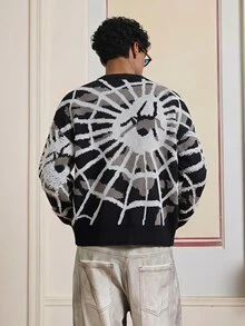SWAVVY 時尚男士蜘蛛圖案圓領長袖寬鬆毛衣 - 黑色 - 查看 6