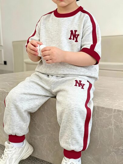 2pcs Young Boy English Slogan Print Fashion Crew Neck Short Sleeve T-Shirt & Sports Long Pants Set, Suitable For Holiday Party, Spring Summer Autumn Casual Comfortable, Spring Summer Autumn Streetwear, Spring Summer Autumn Outdoor Casual, Spring Summer Autumn Back To School Party, Suitable For Outdoor Picnic