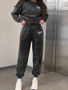 SHEIN Teen Girls Bow Pattern Black Knit Denim Loose T-Shirt & Pants 2pcs Set - Black - View 2