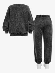 SHEIN Teen Girls Bow Pattern Black Knit Denim Loose T-Shirt & Pants 2pcs Set - Black - View 3