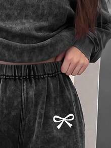 SHEIN Teen Girls Bow Pattern Black Knit Denim Loose T-Shirt & Pants 2pcs Set - Black - View 4