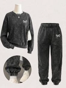 SHEIN Teen Girls Bow Pattern Black Knit Denim Loose T-Shirt & Pants 2pcs Set - Black - View 1