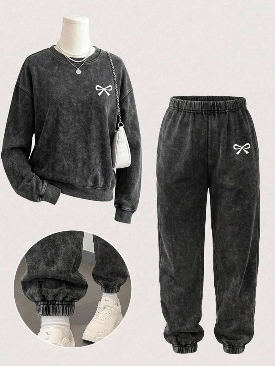 SHEIN Teen Girls Bow Pattern Black Knit Denim Loose T-Shirt & Pants 2pcs Set - Black - View 1